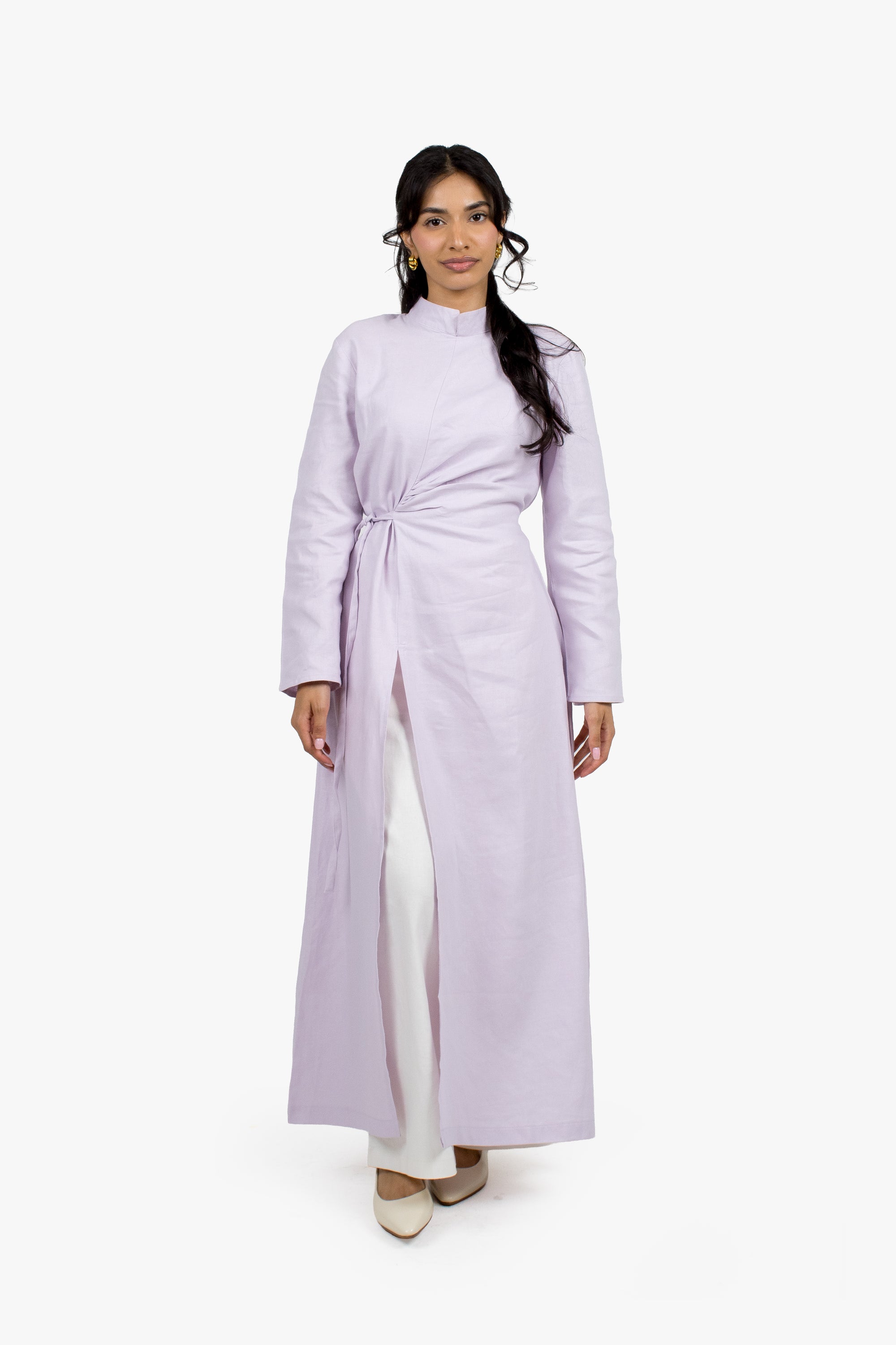 Lilac Linen Cotton Ruched Slit Dress
