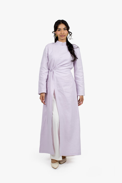 Lilac Linen Cotton Ruched Slit Dress