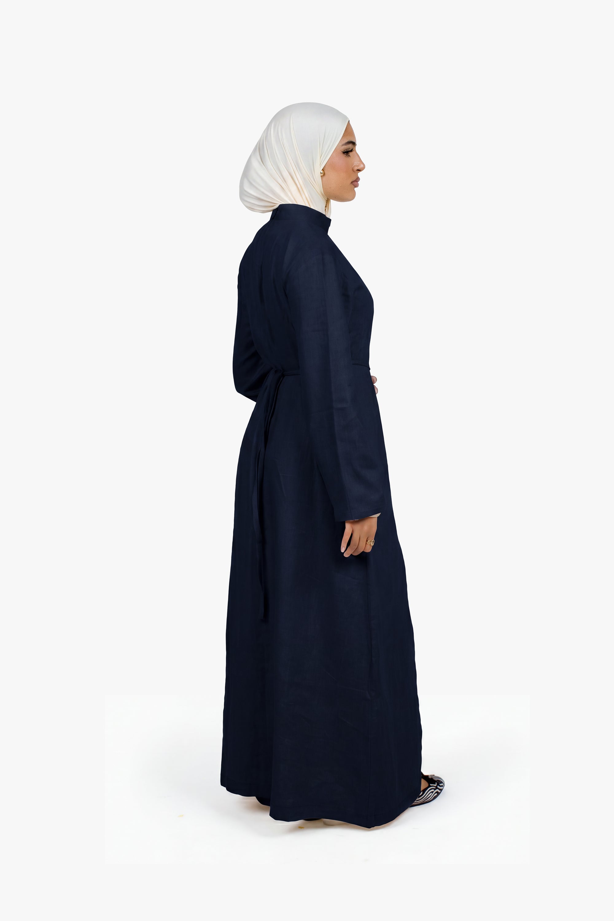 Navy Linen Cotton Ruched Slit Dress