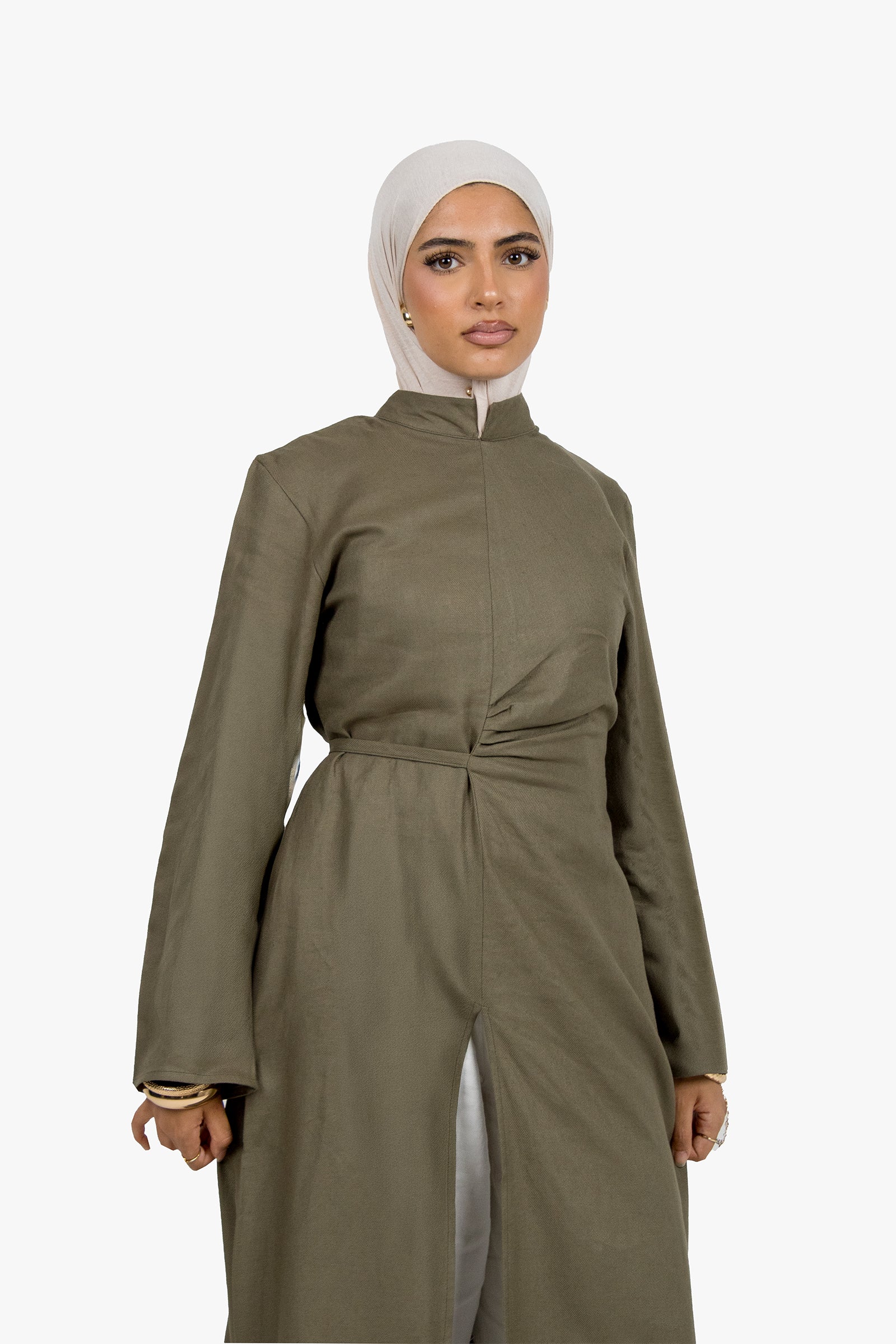 Olive Linen Cotton Ruched Slit Dress