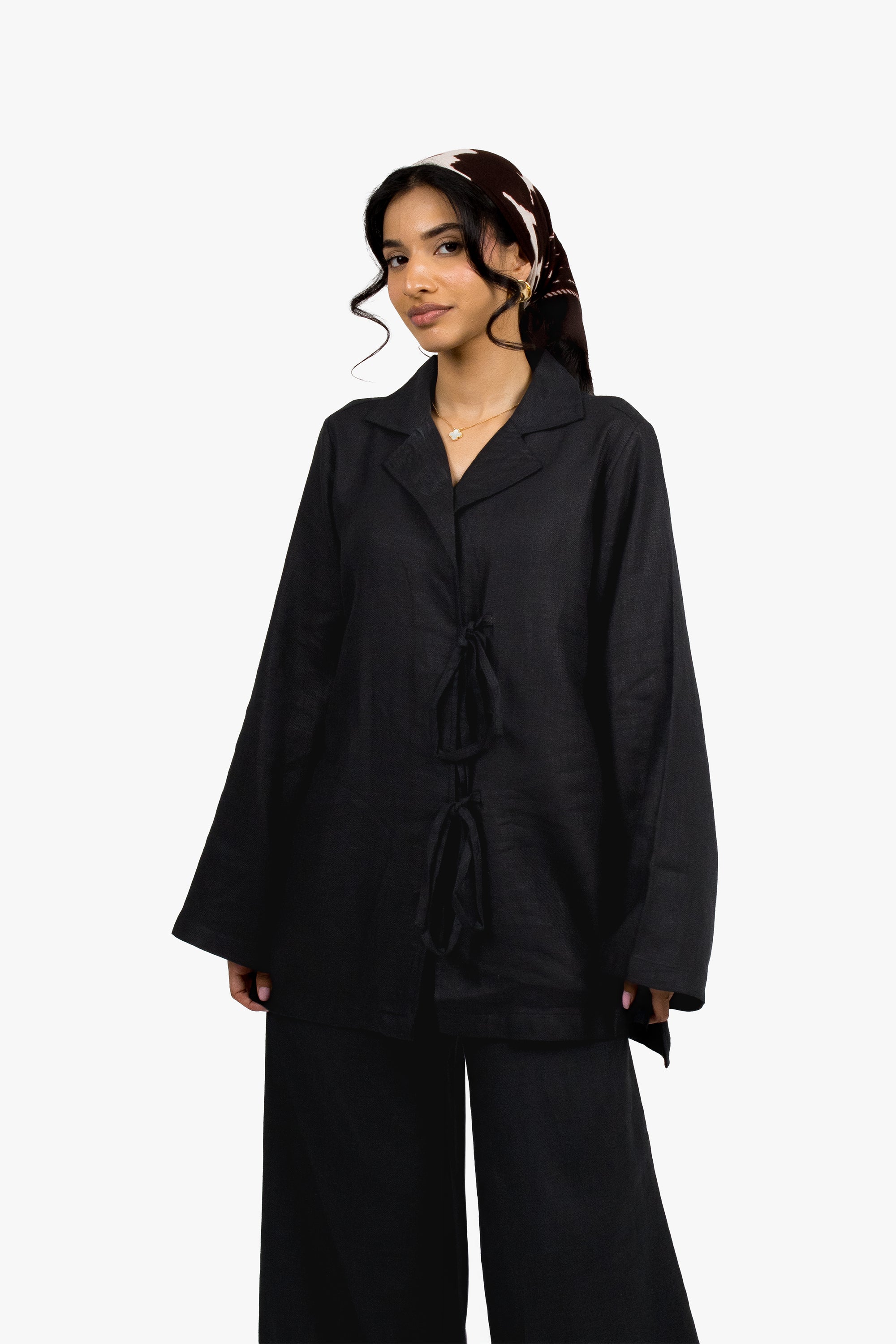 Black Linen Cotton Notch Collar Top