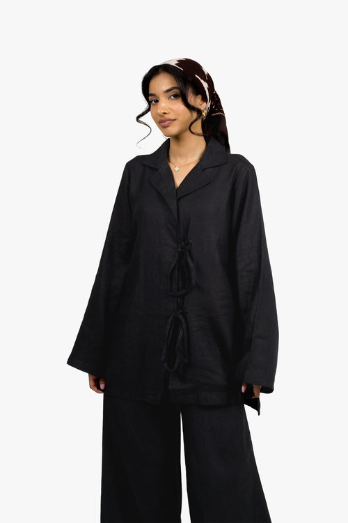 Black Linen Cotton Notch Collar Top