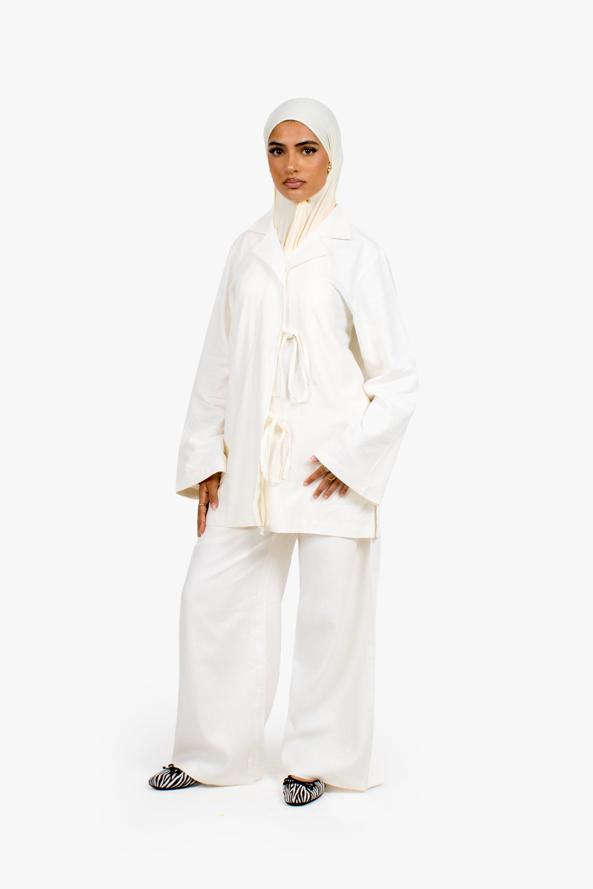 Ecru White Linen Cotton Wide Leg Trousers