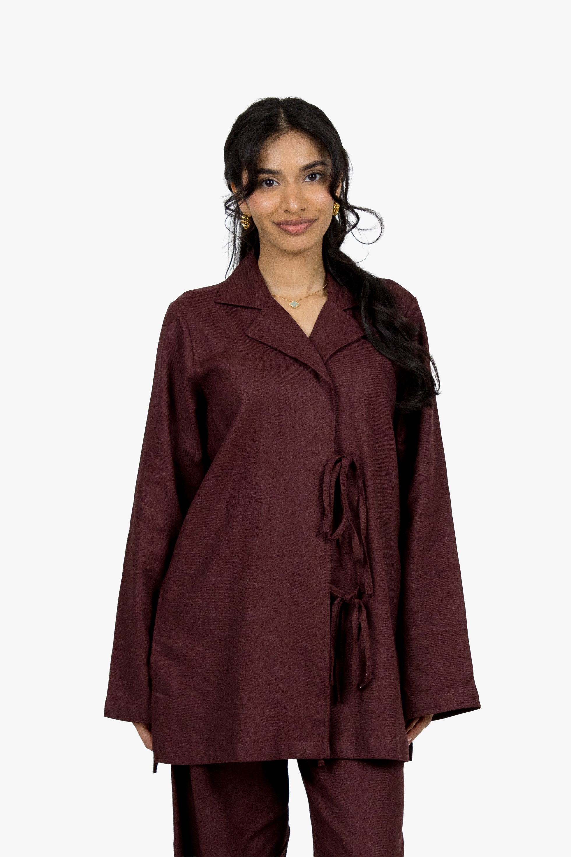 Chocolate Linen Cotton Notch Collar Top