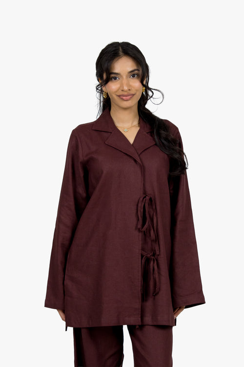 Chocolate Linen Cotton Notch Collar Top