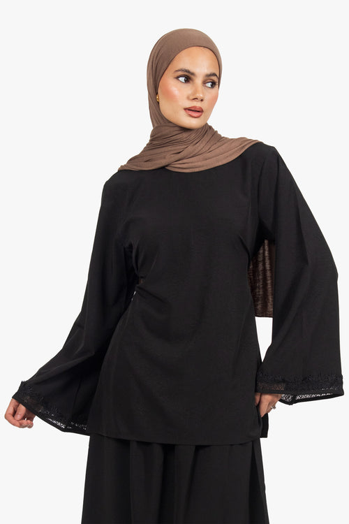Black Etched Crepe Lace Top