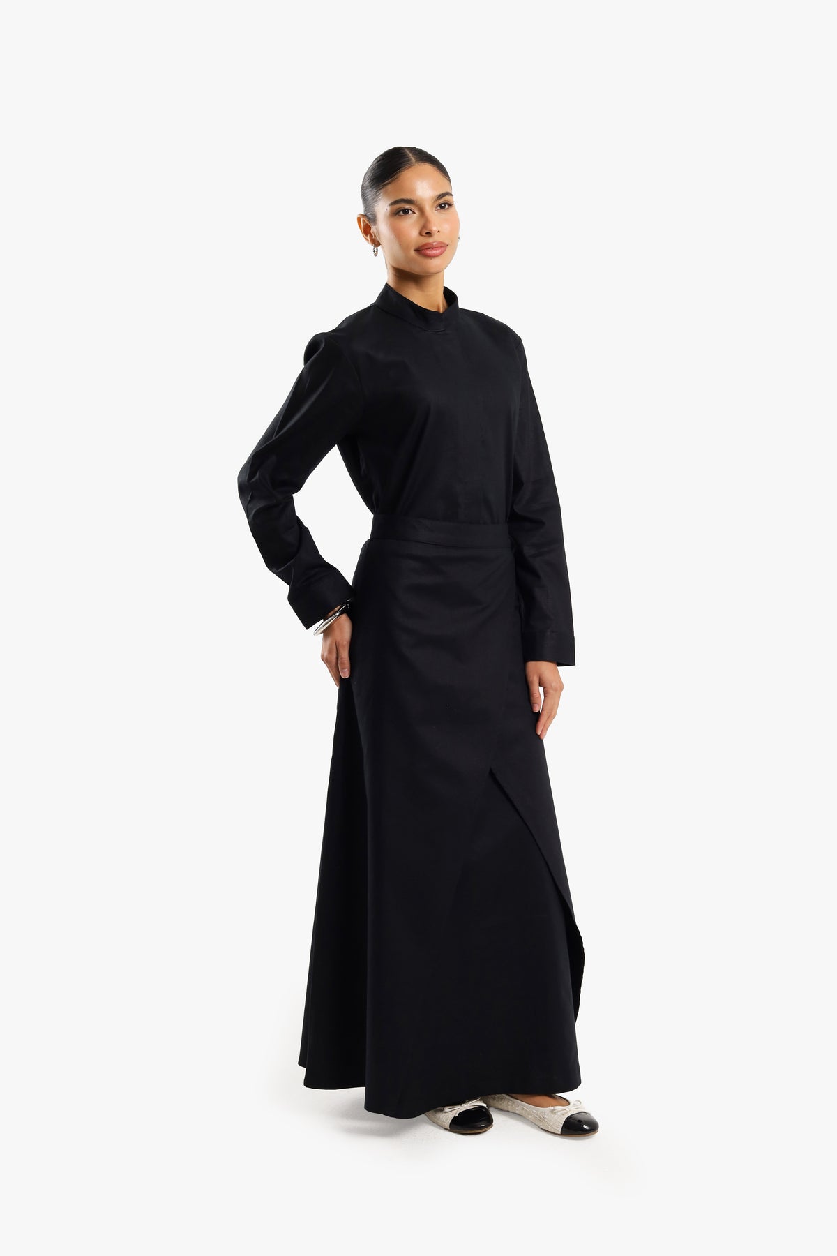 Black Linen Cotton Mandarin Two-Piece Dress