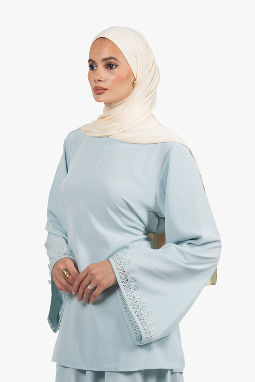 Mist Blue Etched Crepe Lace Top