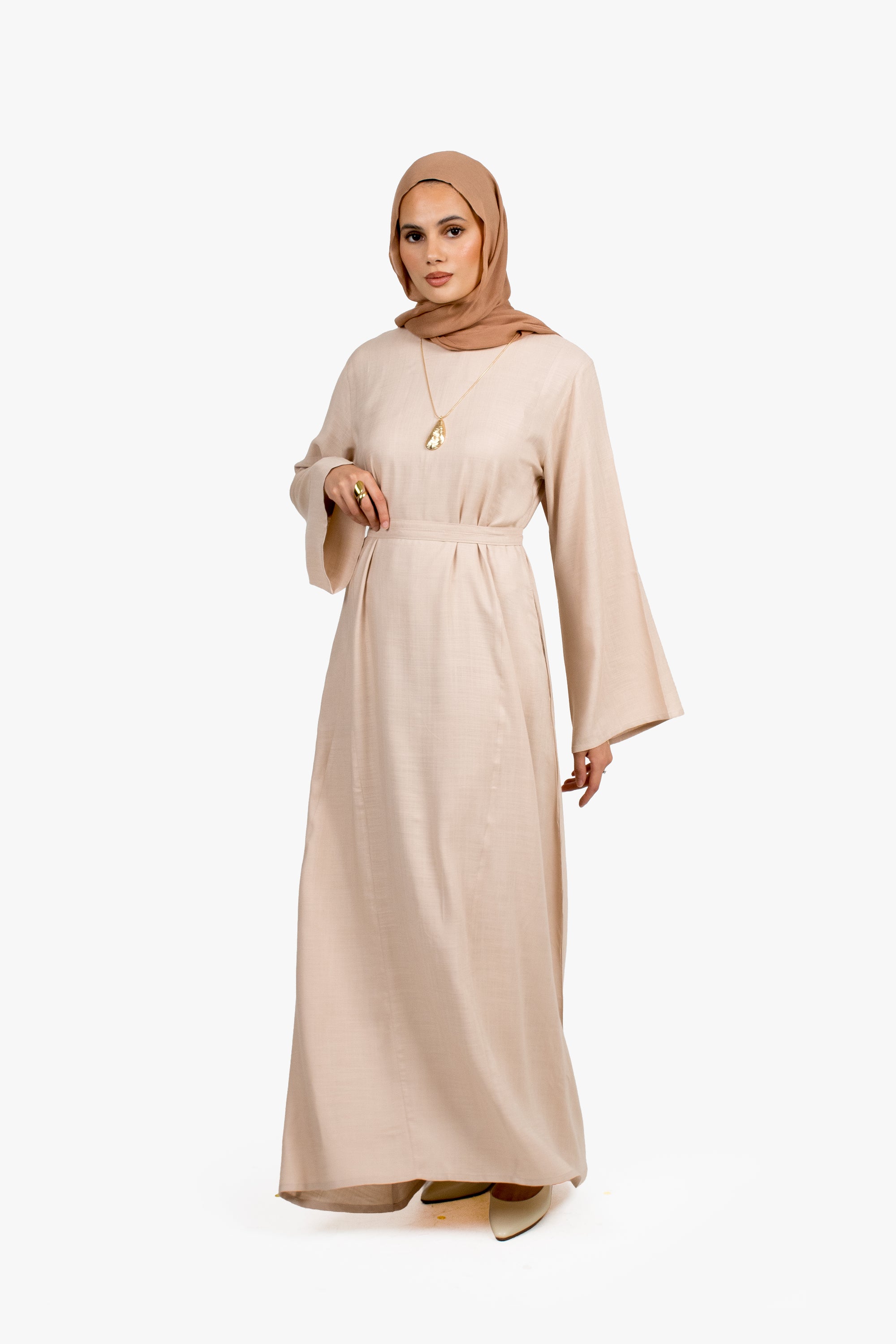 Beige Cotton Blend Pleated Tie Dress