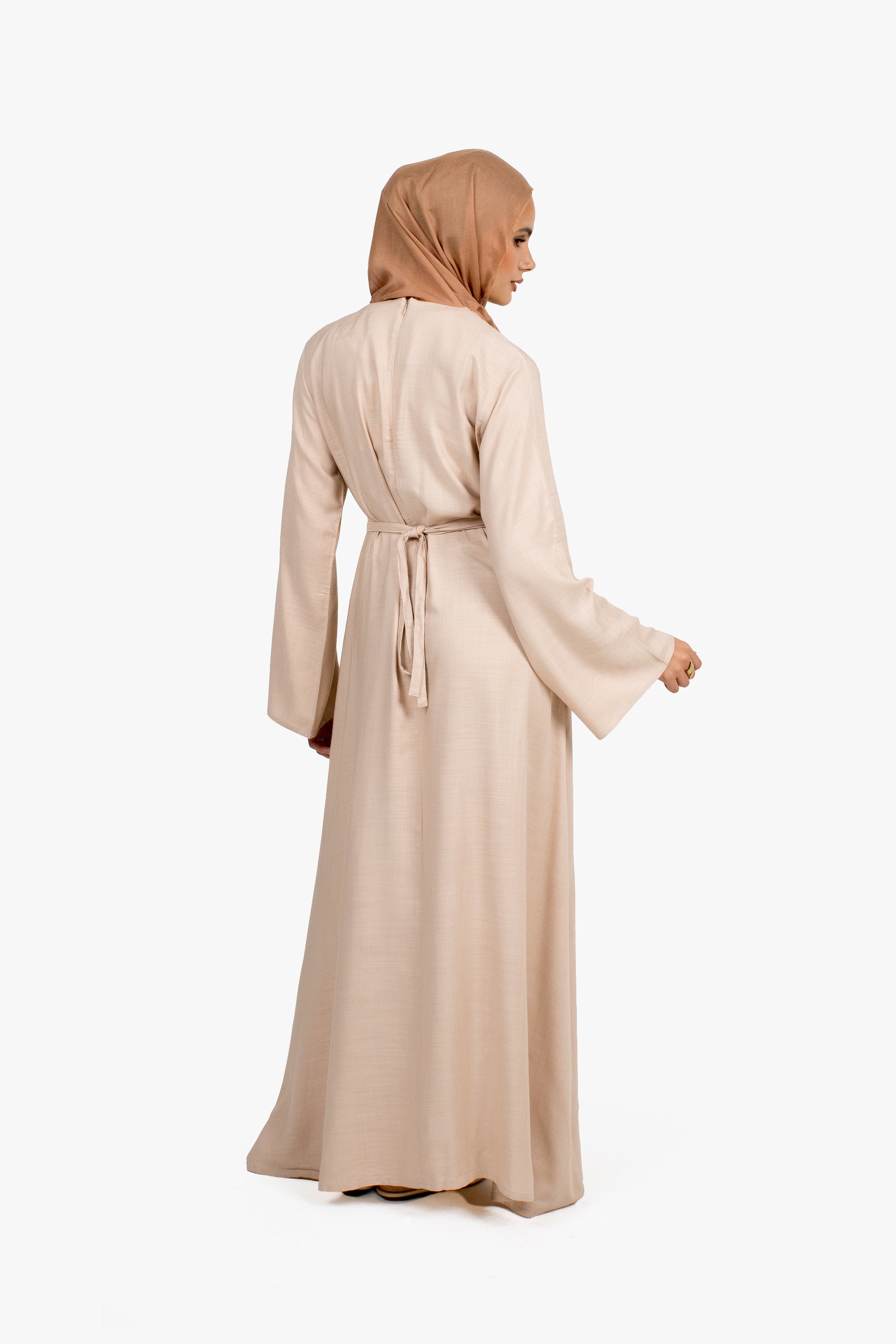 Beige Cotton Blend Pleated Tie Dress