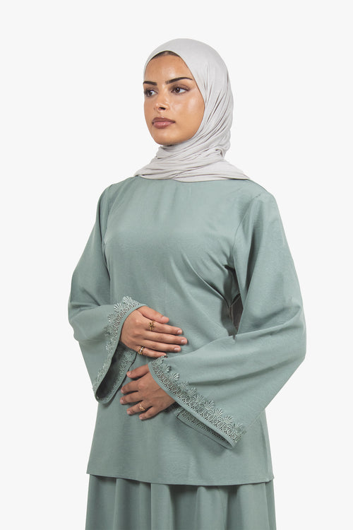 Sea Green Etched Crepe Lace Top