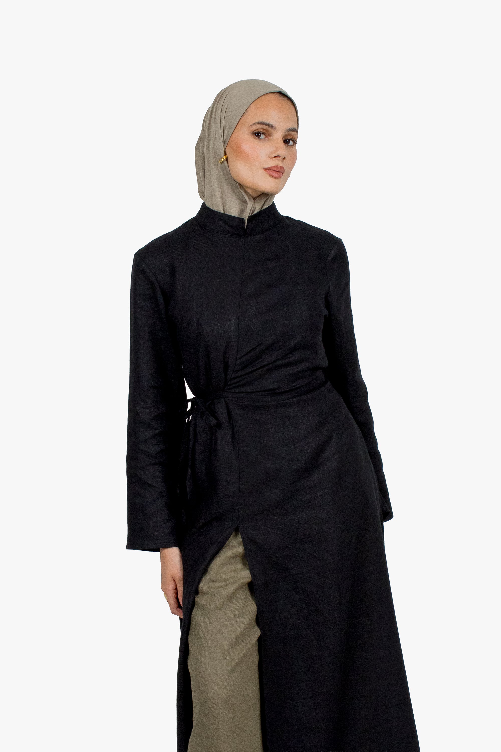 Black Linen Cotton Ruched Slit Dress