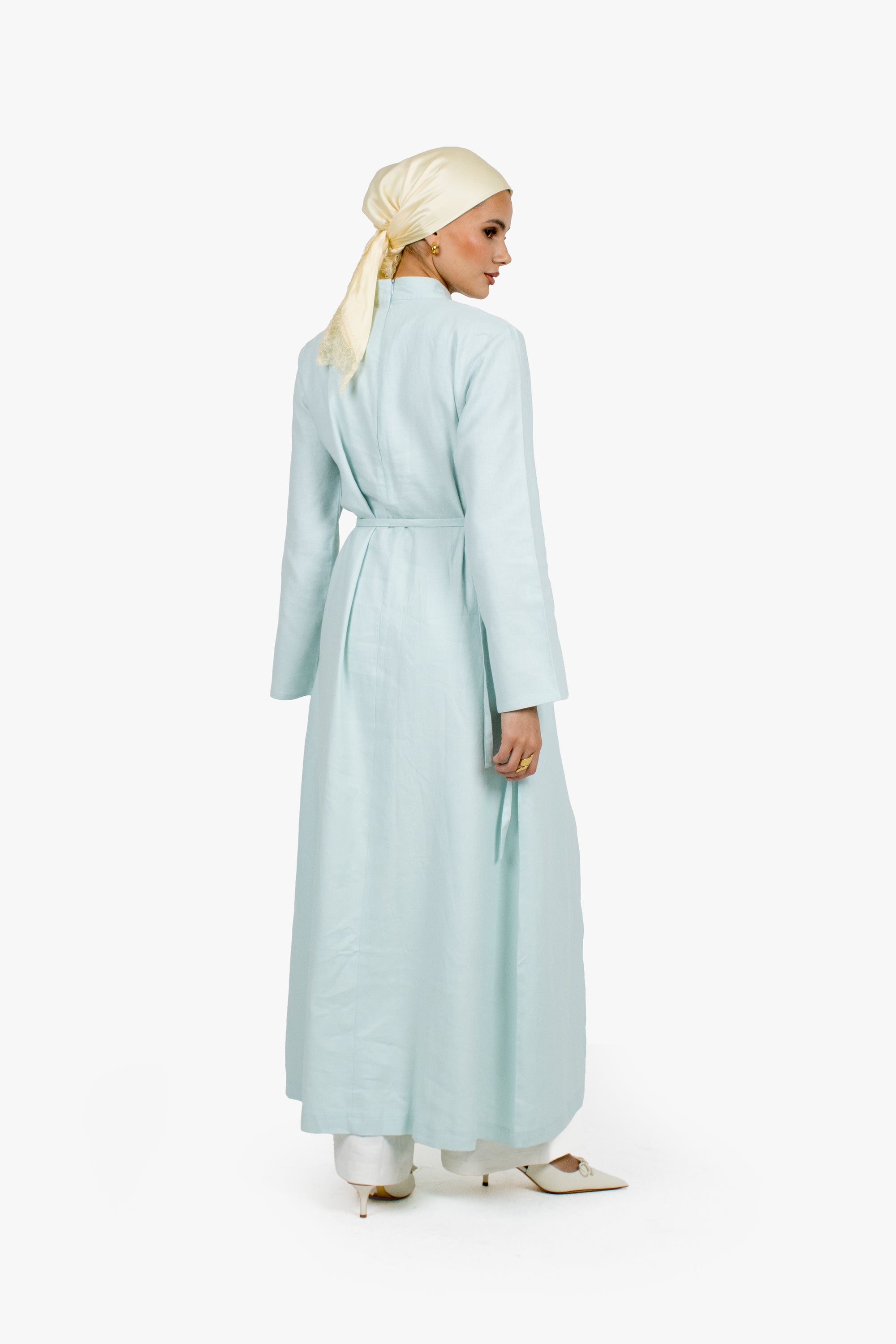 Baby Blue Linen Cotton Ruched Slit Dress
