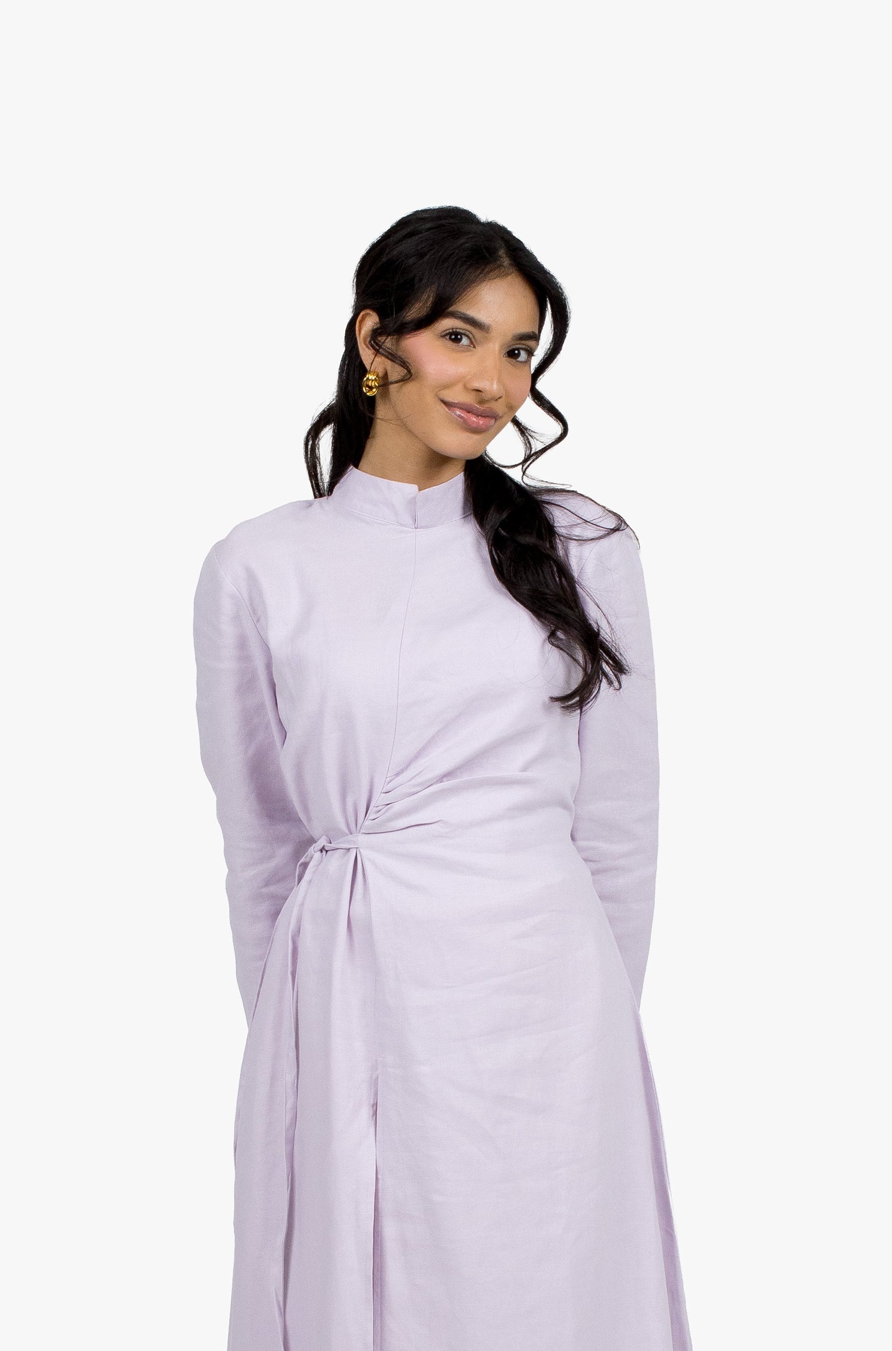 Lilac Linen Cotton Ruched Slit Dress