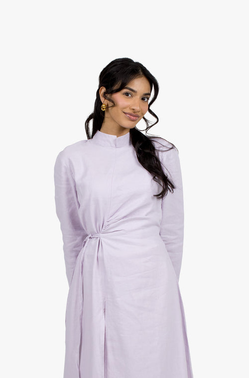 Lilac Linen Cotton Ruched Slit Dress