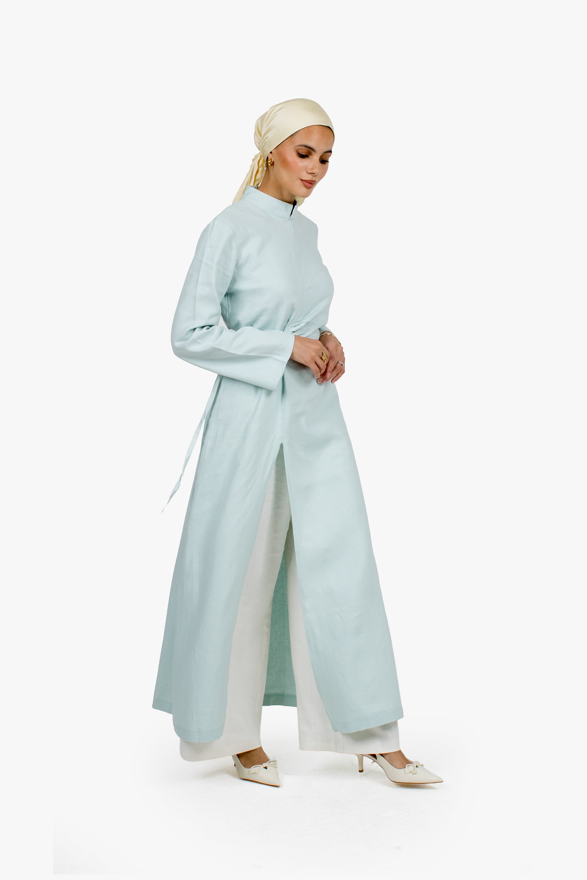 Baby Blue Linen Cotton Ruched Slit Dress