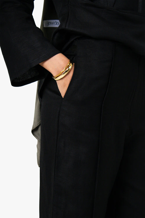 Black Linen Cotton Straight Leg Trousers