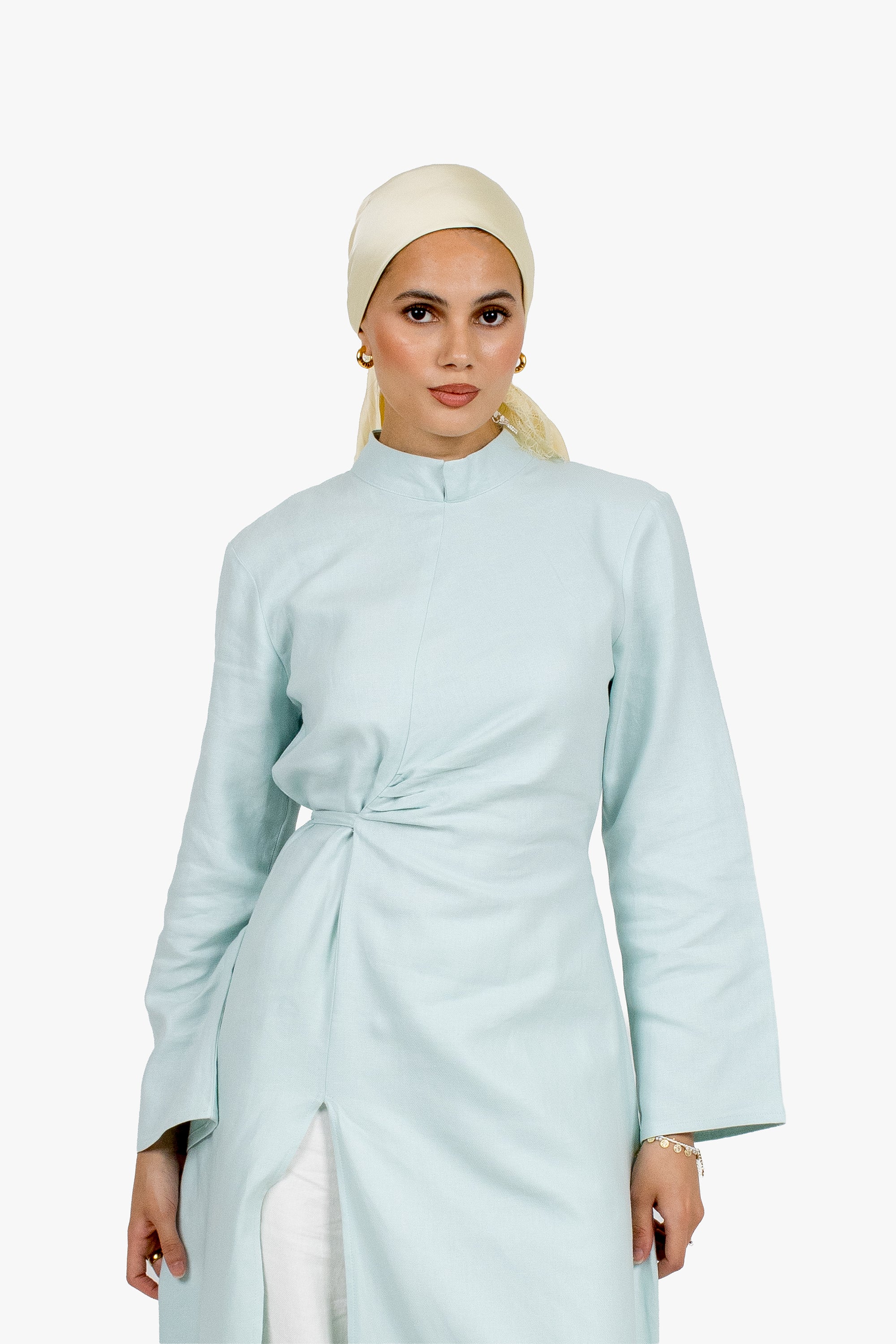 Baby Blue Linen Cotton Ruched Slit Dress