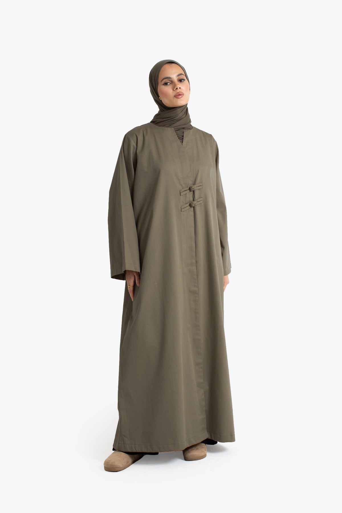 Coffee Cotton Frog Button Open Abaya