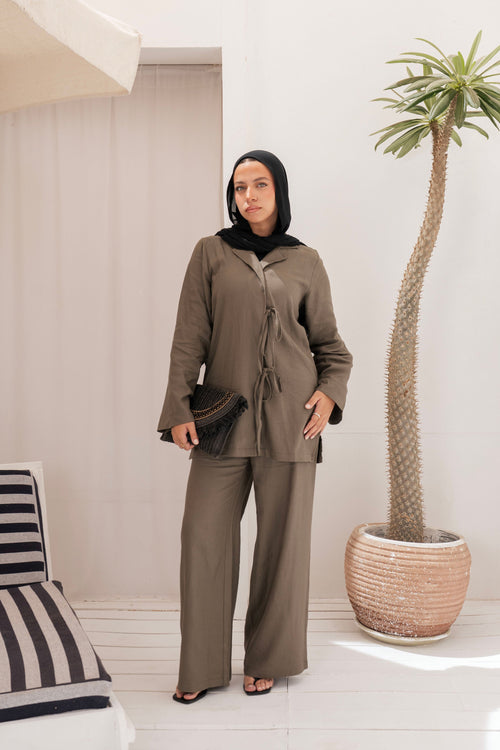 Olive Linen Cotton Notch Collar Top