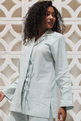 Baby Blue Linen Cotton Notch Collar Top