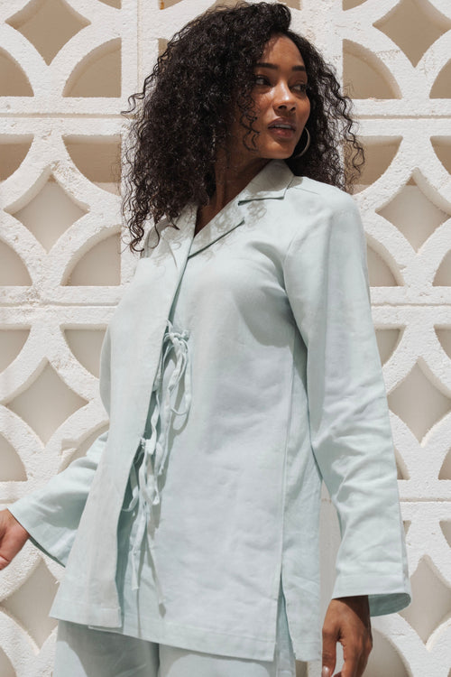 Baby Blue Linen Cotton Notch Collar Top