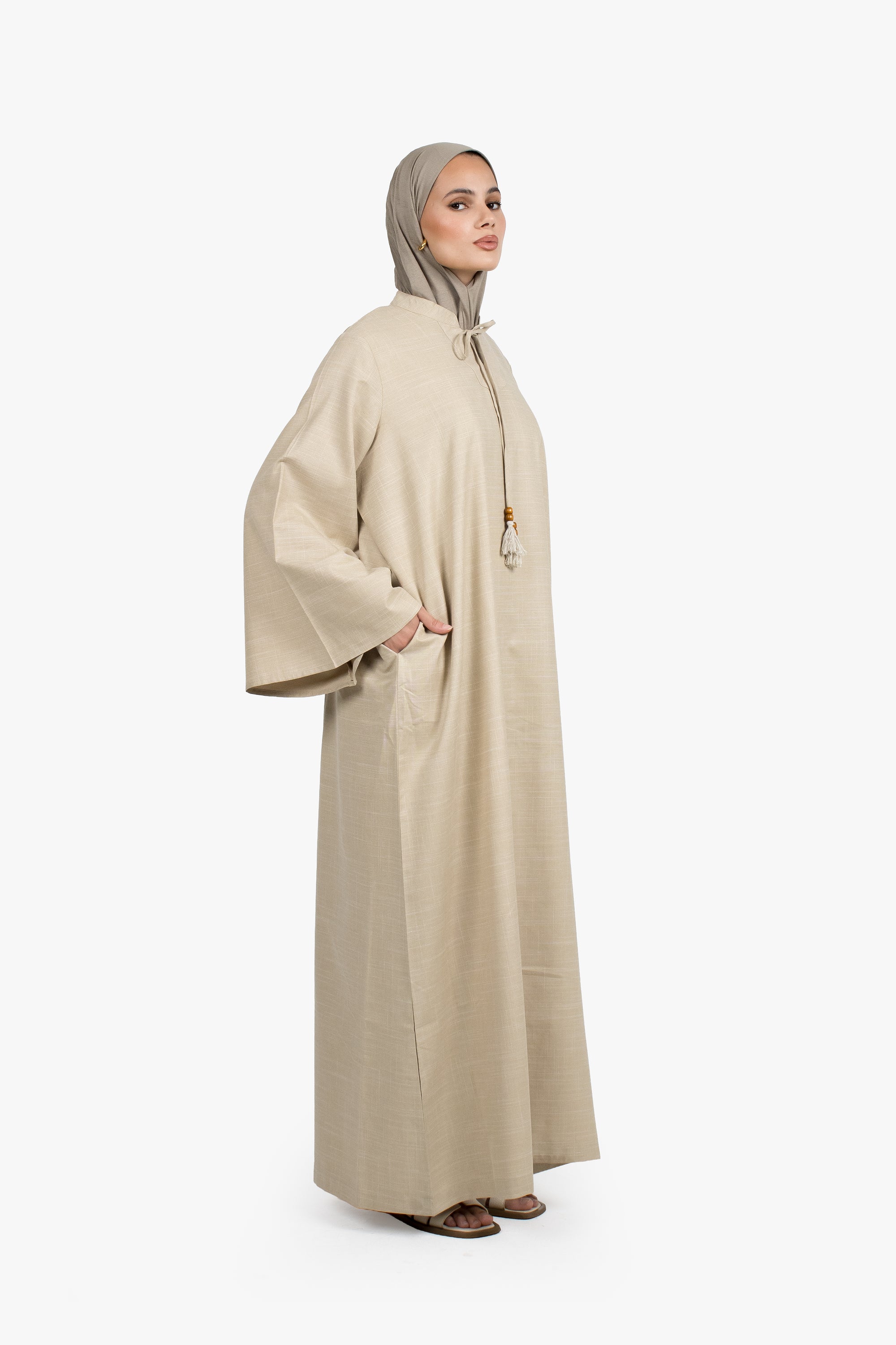 Beige Cotton Blend Tassel Abaya