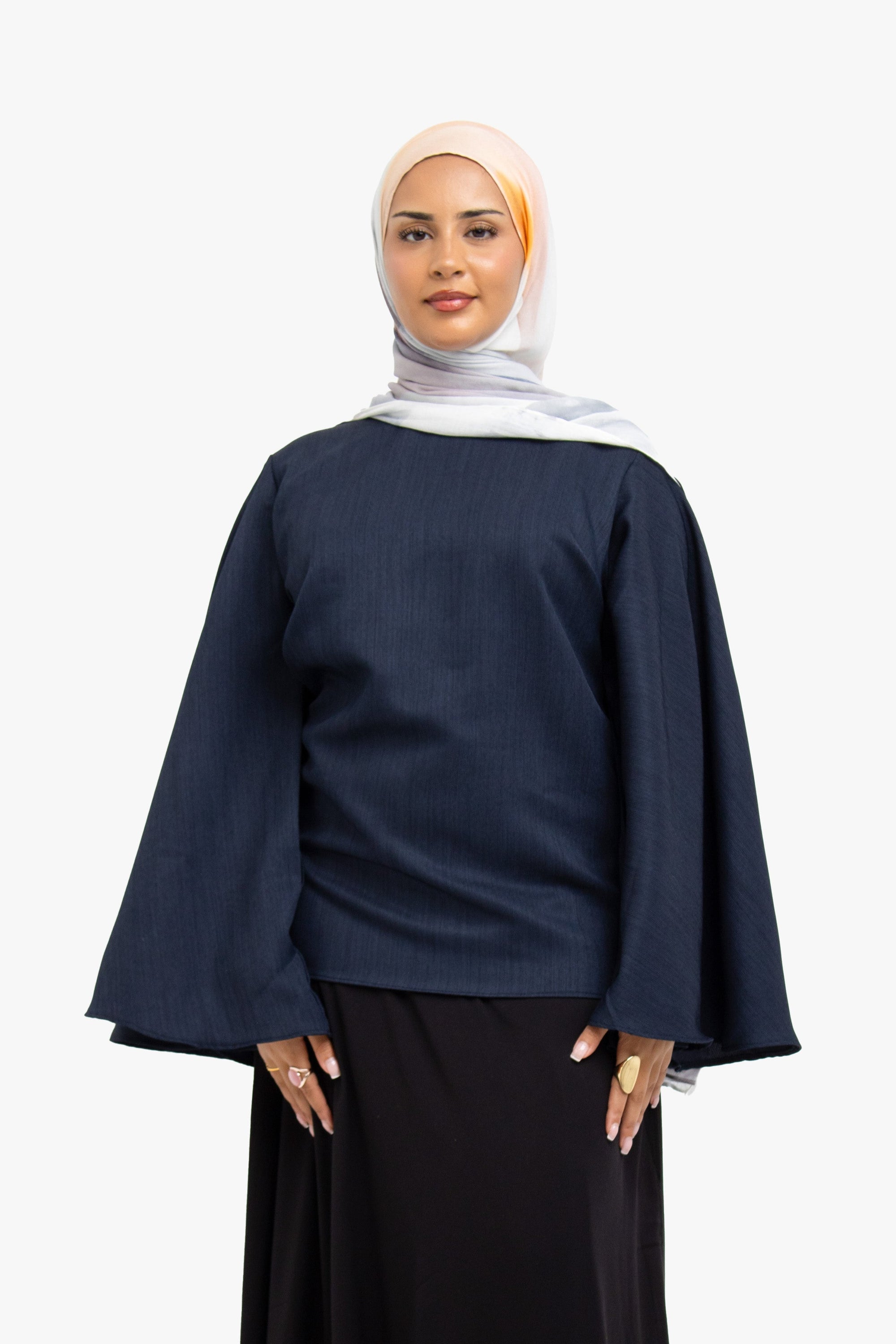 Navy Textured Umbrella Sleeve Top