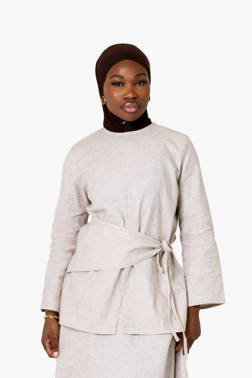 Beige Linen Cotton Wrap Top