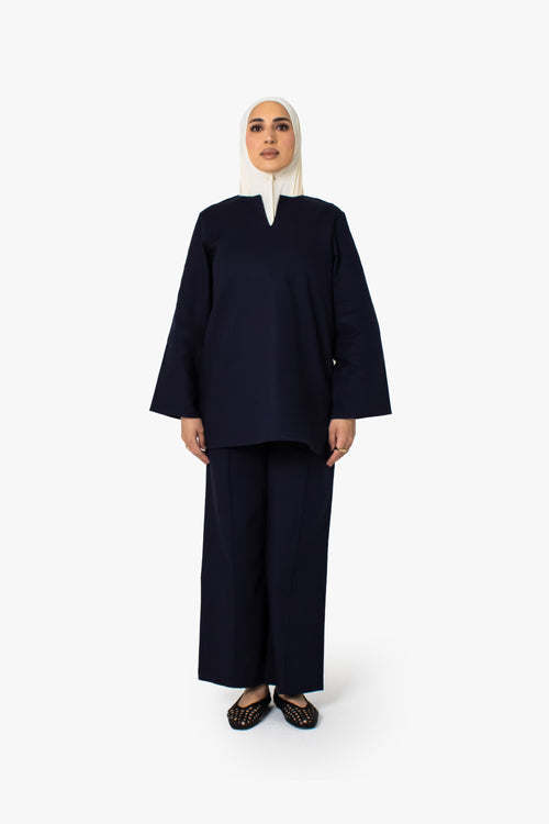 Navy Cotton Wide Leg Trousers