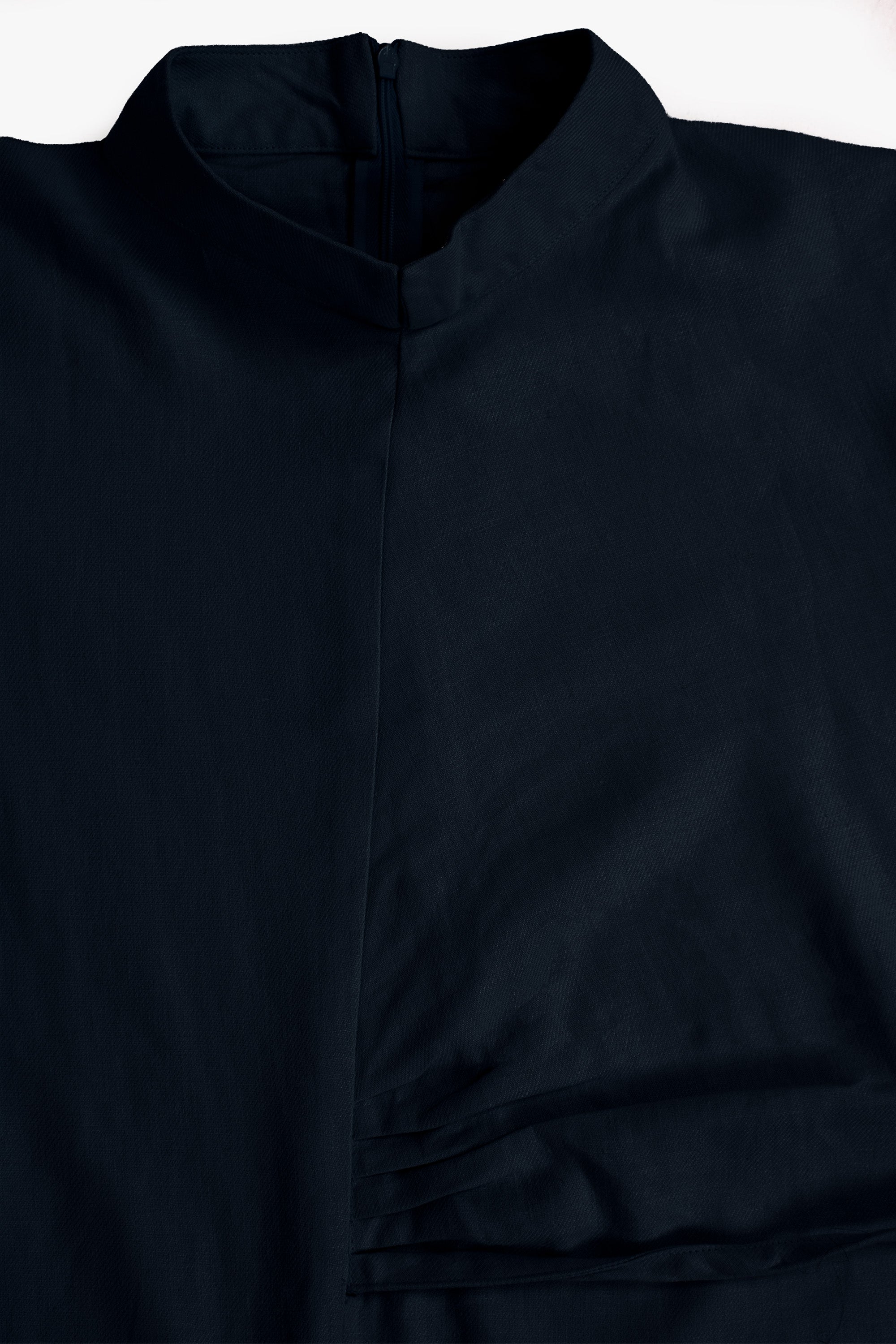 Navy Linen Cotton Ruched Slit Dress