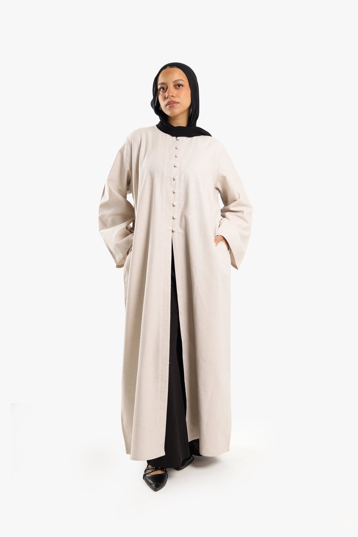 Stone Beige Linen Cotton Covered Button Open Abaya