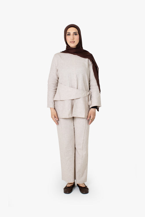 Beige Linen Cotton Straight Leg Trousers