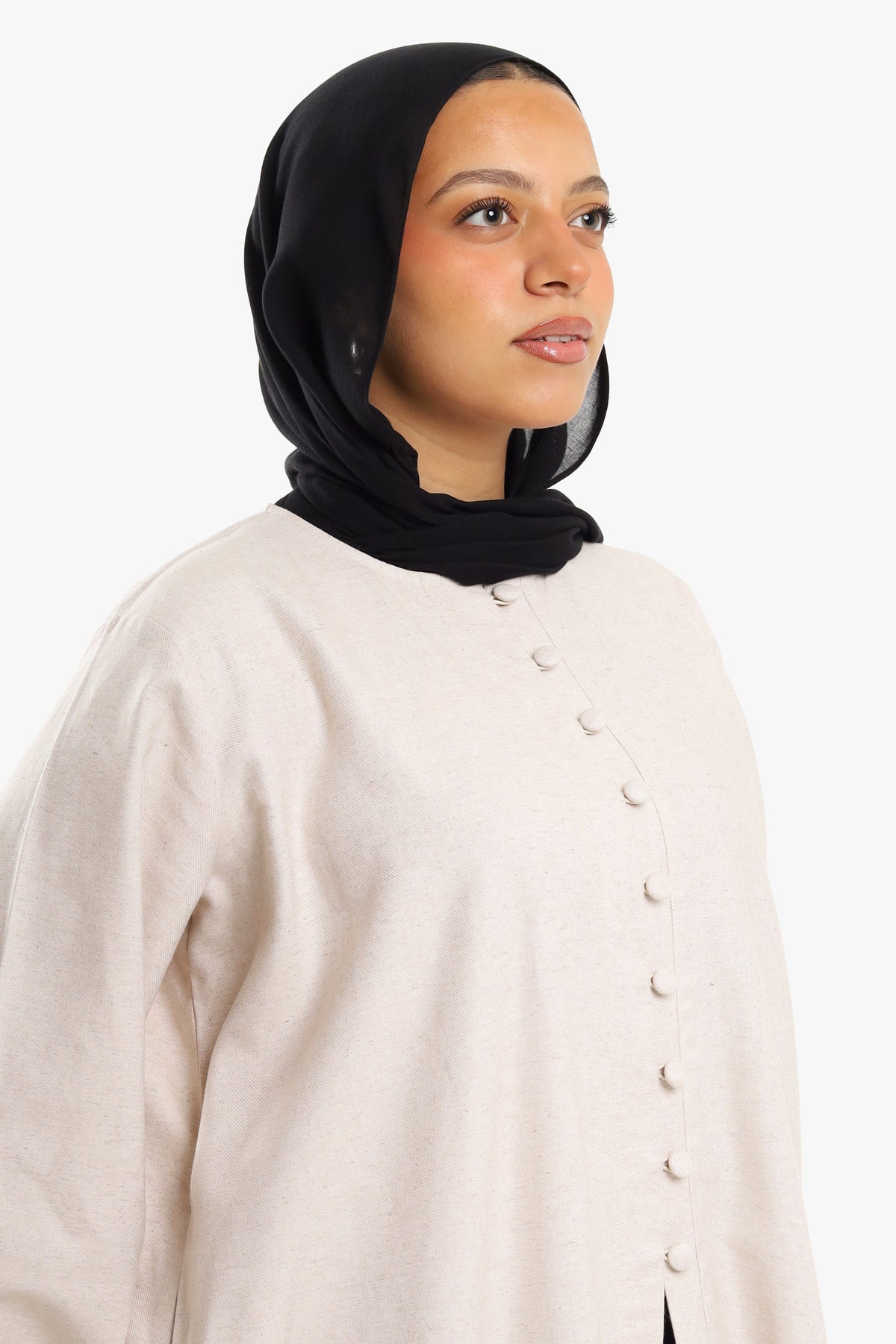 Stone Beige Linen Cotton Covered Button Open Abaya