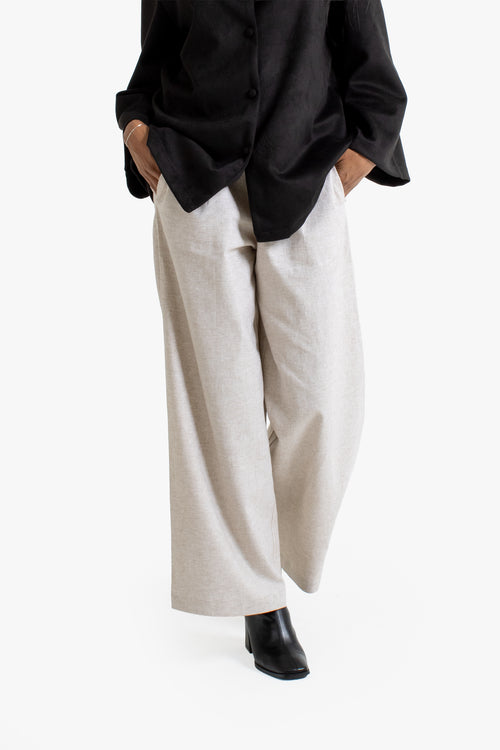 Beige Linen Cotton Pleated Trousers