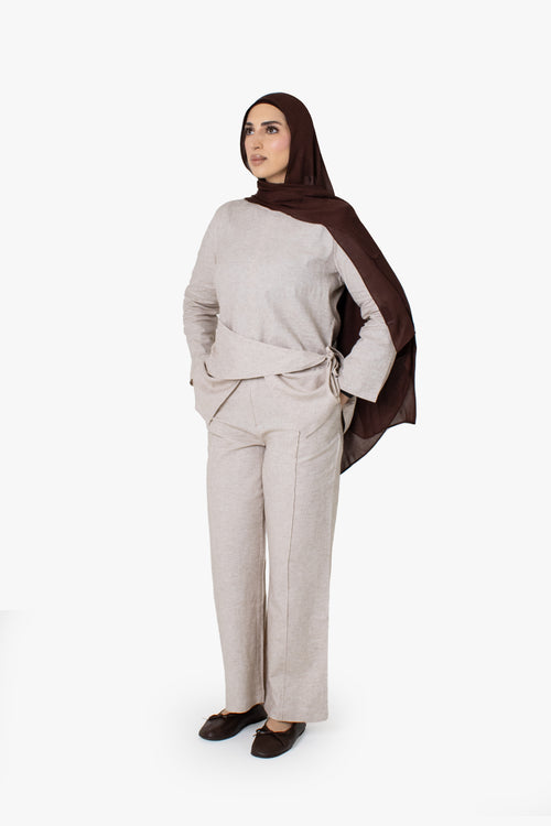 Beige Linen Cotton Straight Leg Trousers