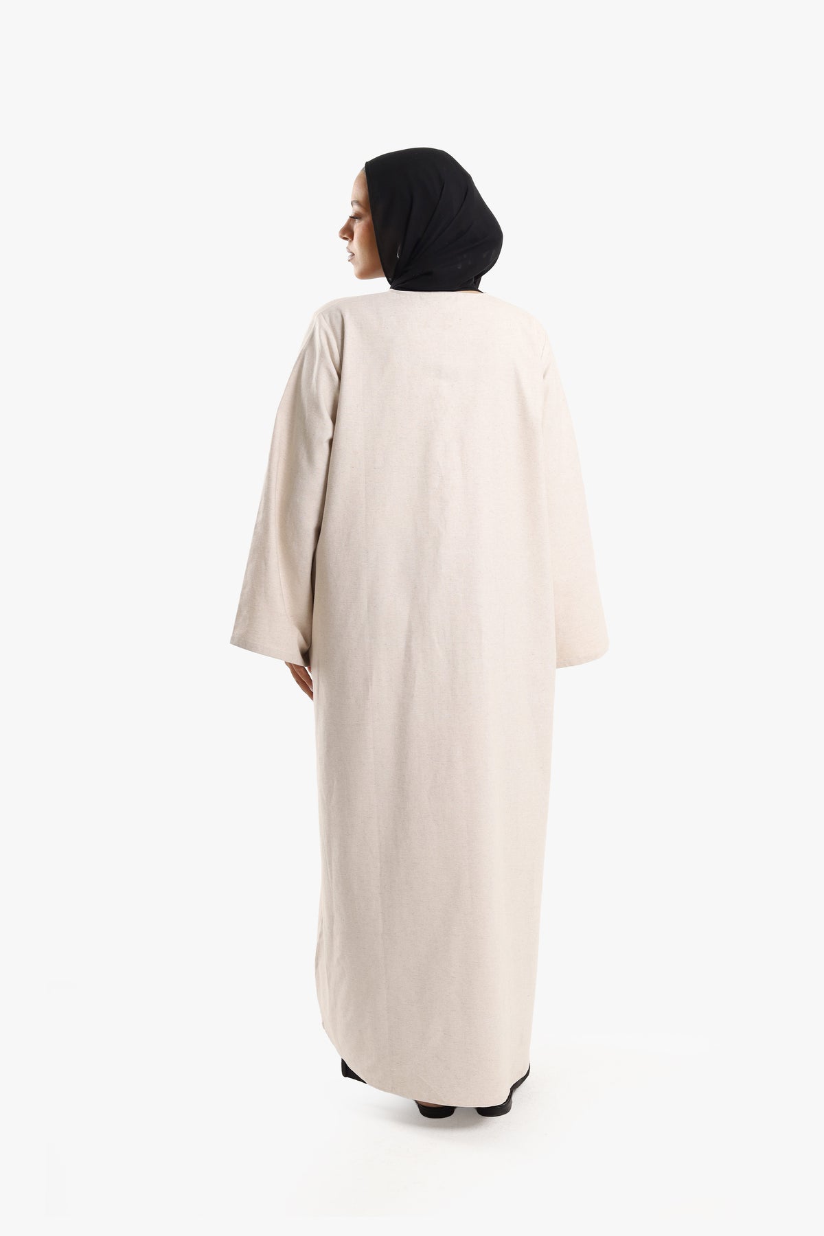 Stone Beige Linen Cotton Covered Button Open Abaya