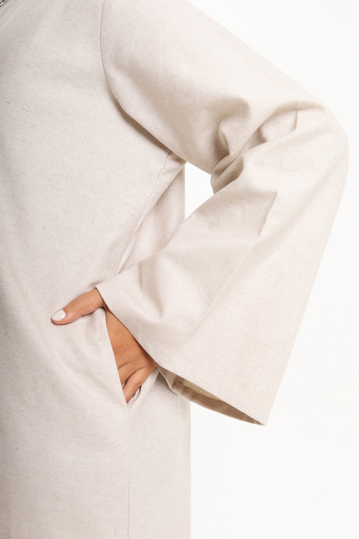 Stone Beige Linen Cotton Covered Button Open Abaya
