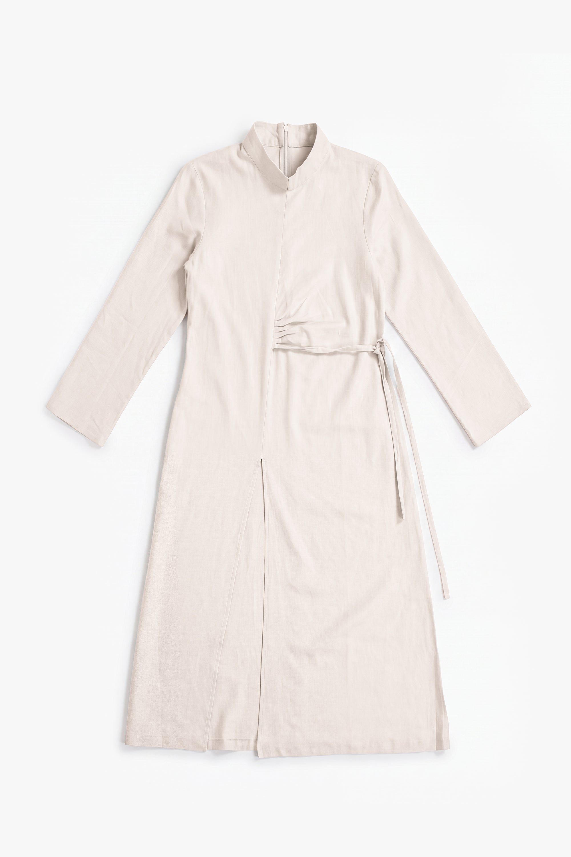Stone Beige Linen Cotton Ruched Slit Dress