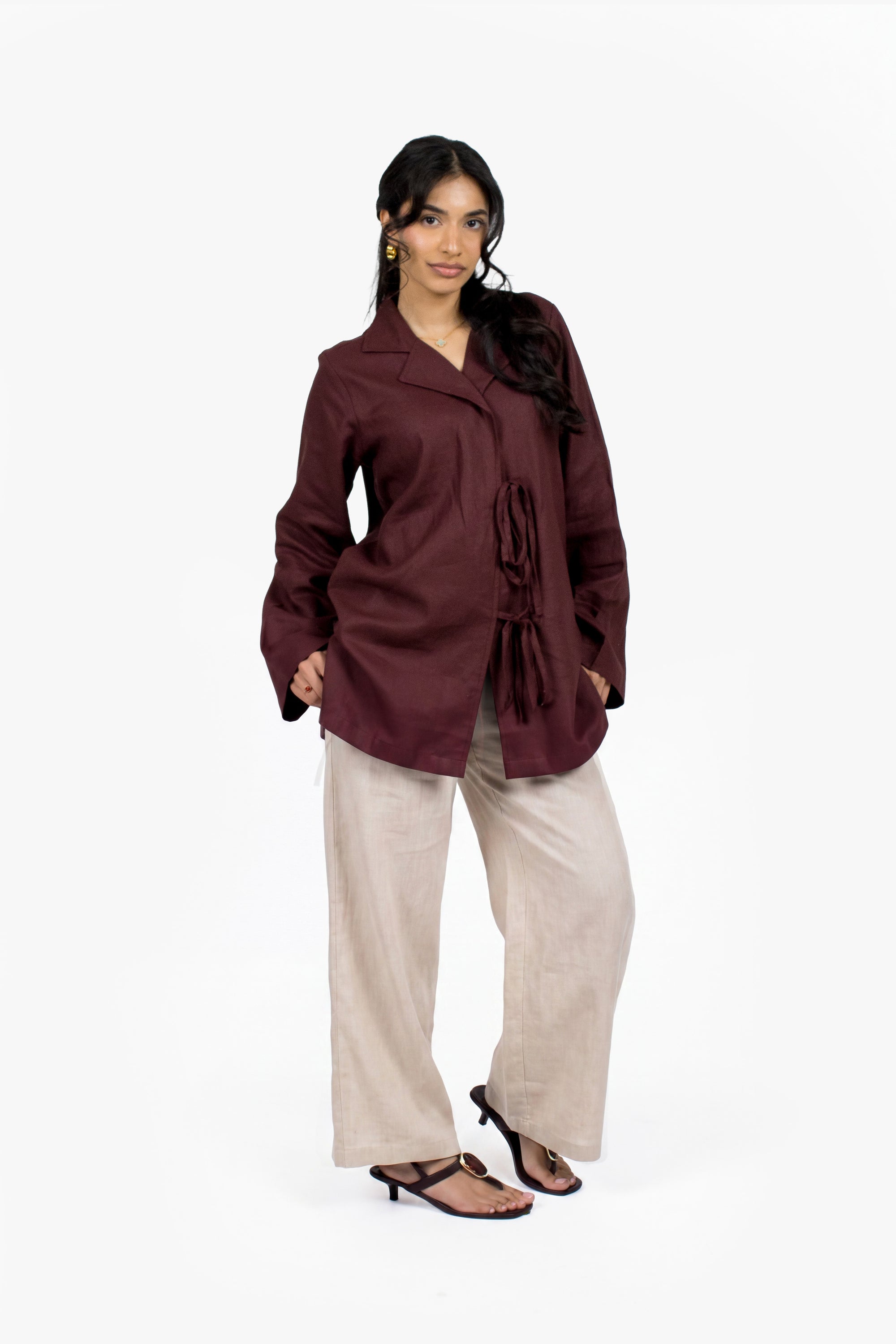 Stone Beige Cotton Wide Leg Trousers