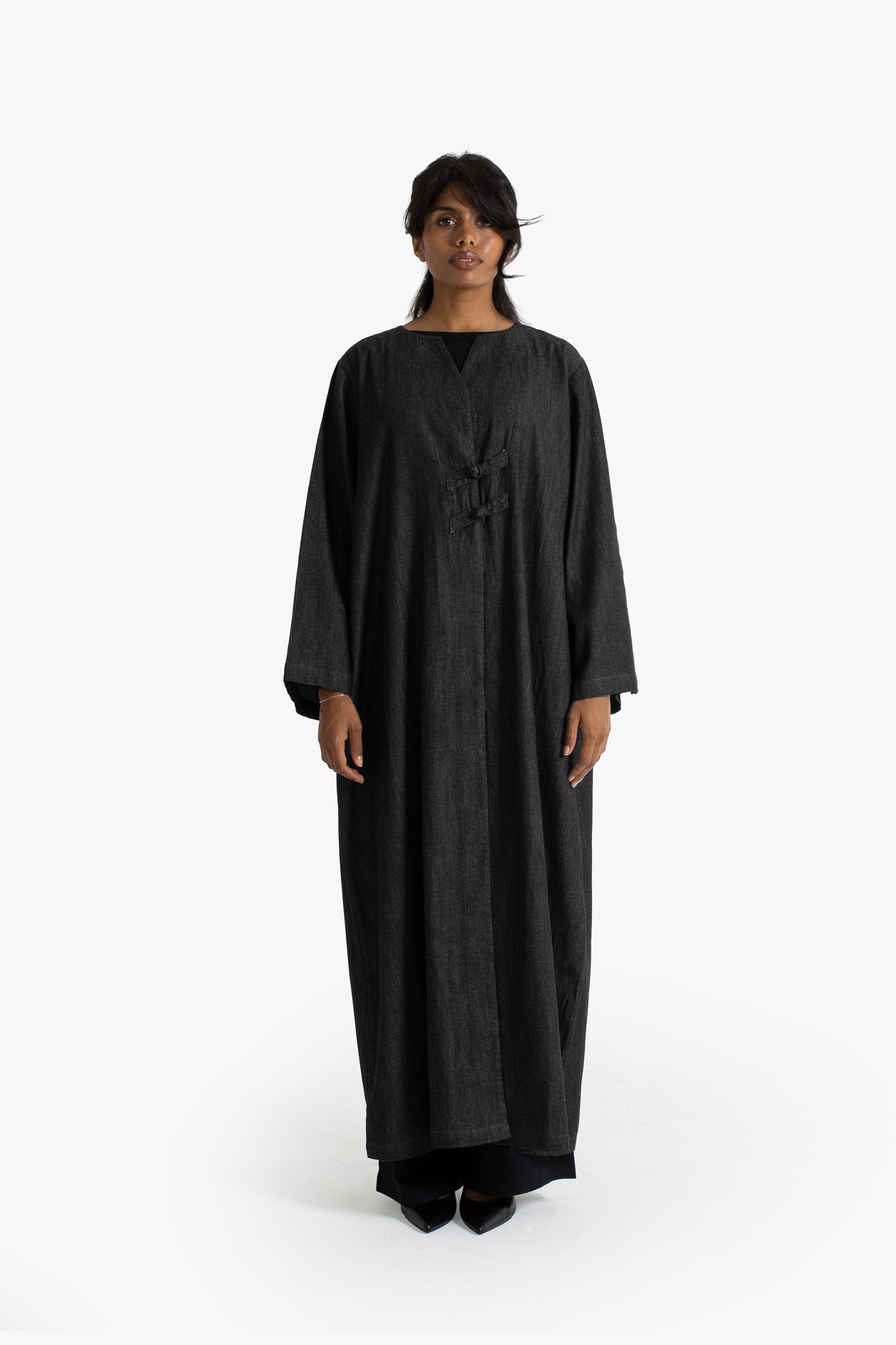 Black Denim Frog Button Open Abaya
