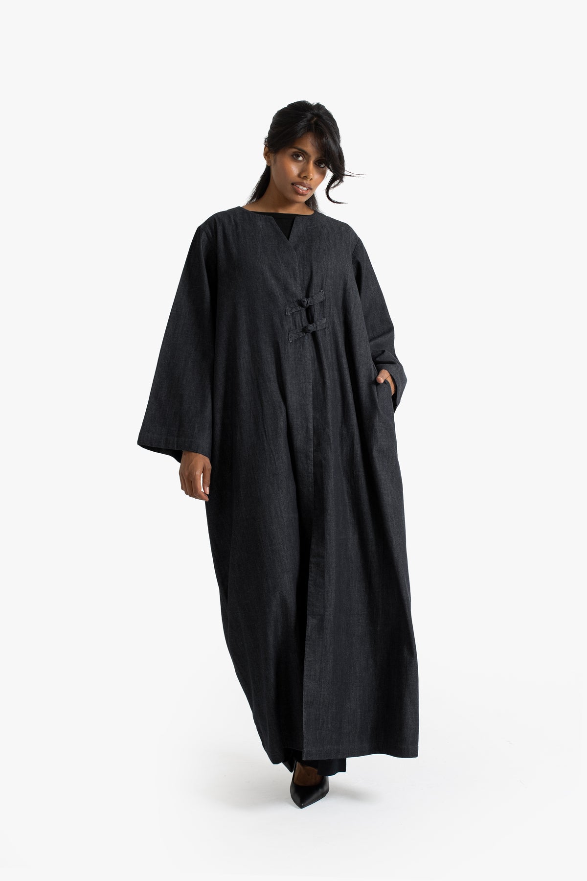 Black Denim Frog Button Open Abaya
