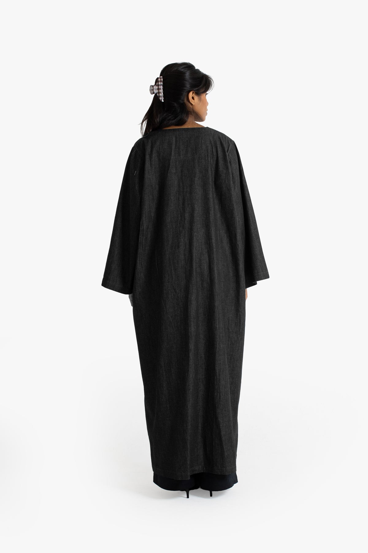 Black Denim Frog Button Open Abaya