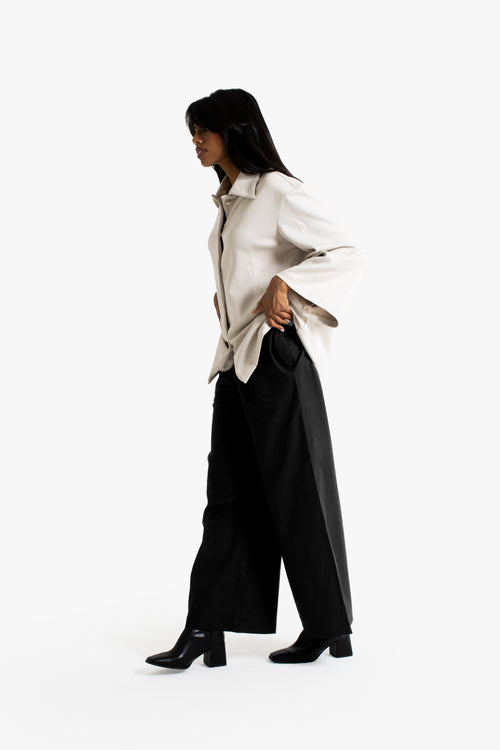 Black Linen Cotton Pleated Trousers