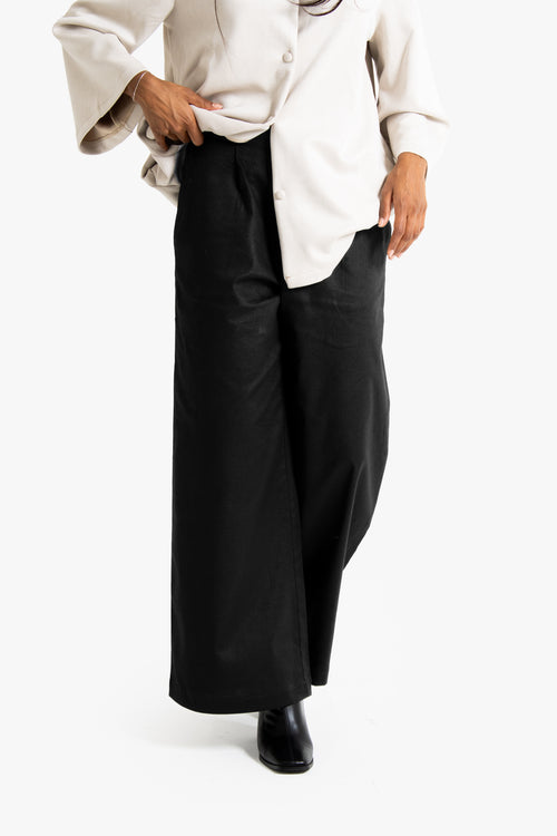 Black Linen Cotton Pleated Trousers