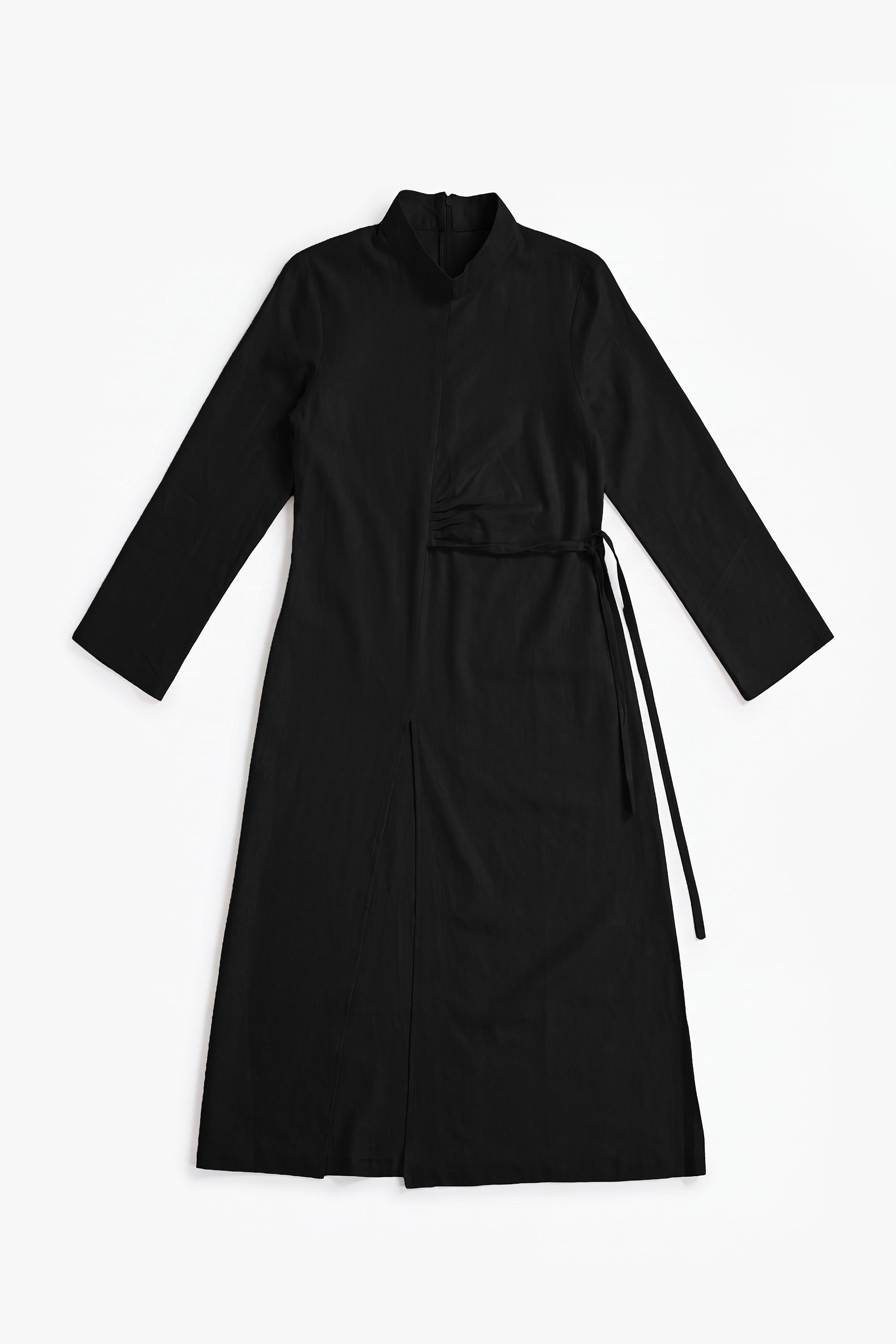 Black Linen Cotton Ruched Slit Dress
