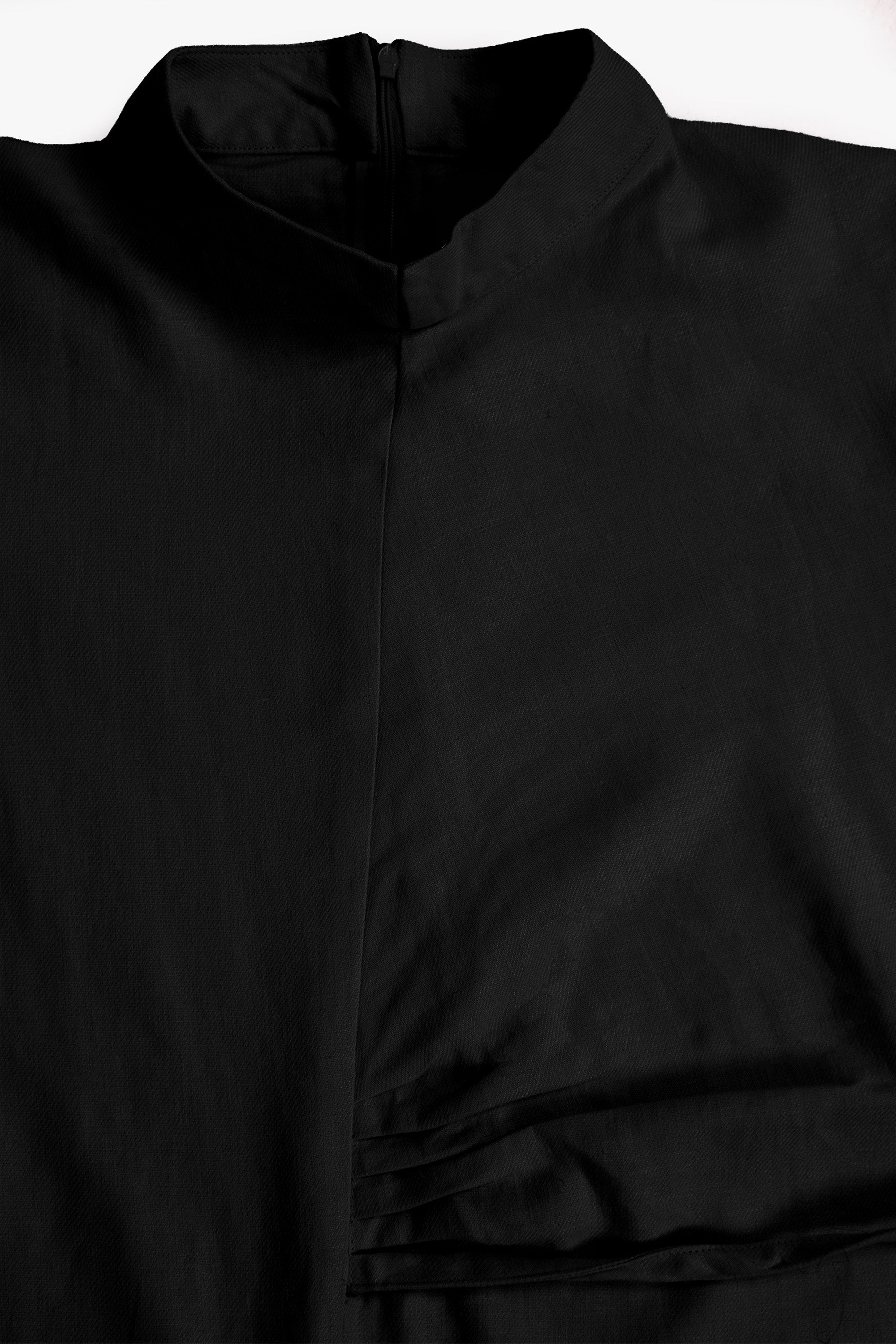 Black Linen Cotton Ruched Slit Dress
