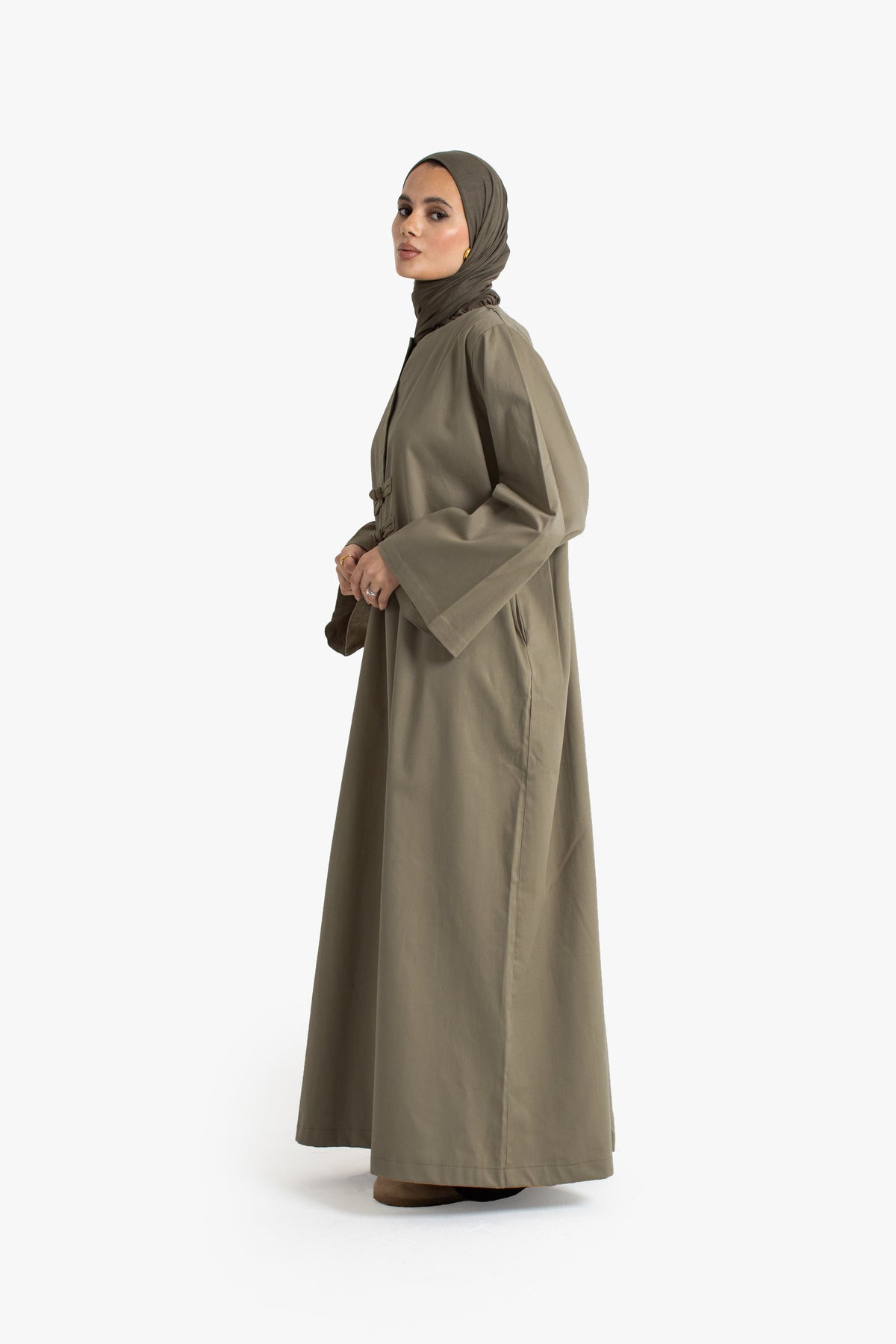 Coffee Cotton Frog Button Open Abaya