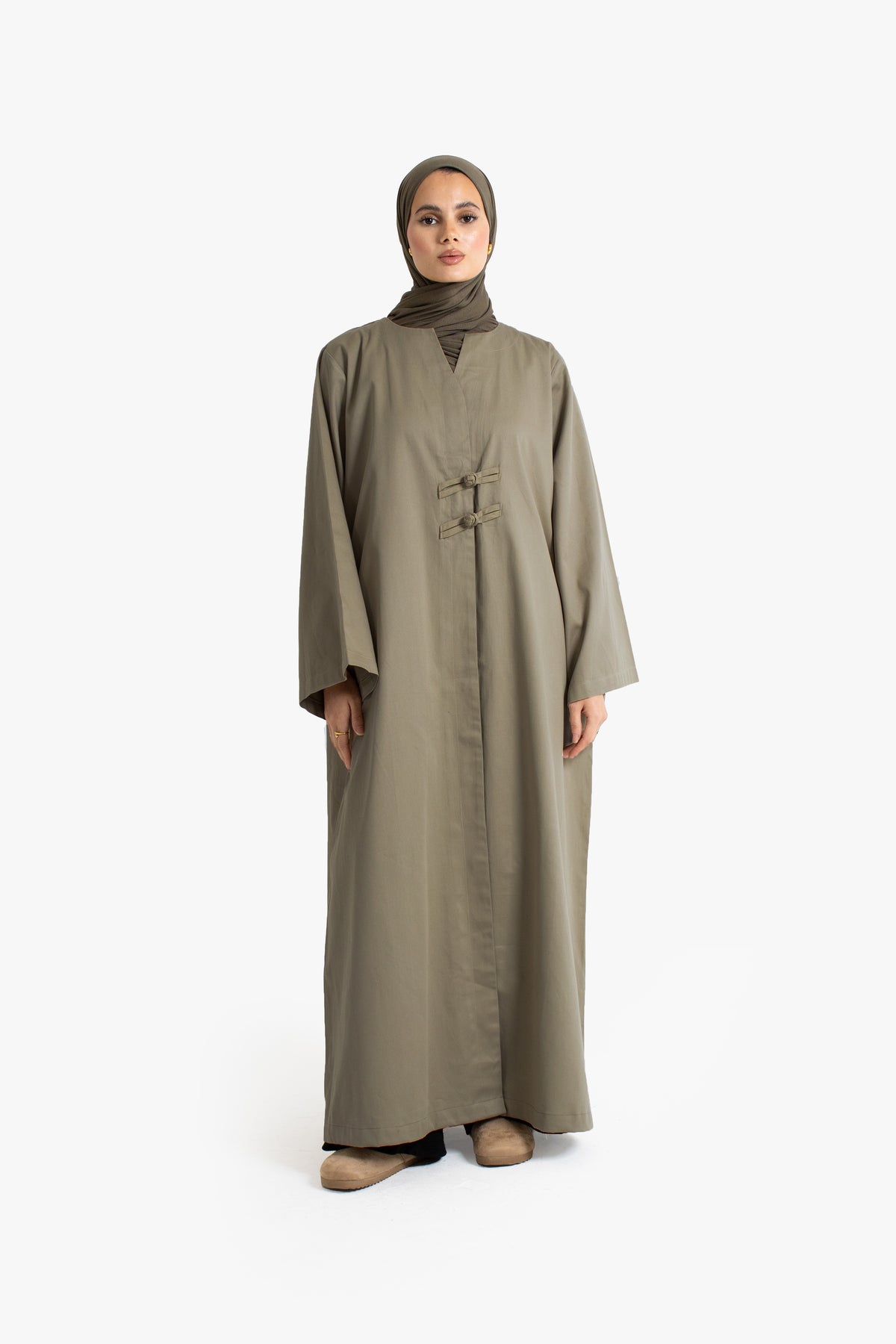 Coffee Cotton Frog Button Open Abaya