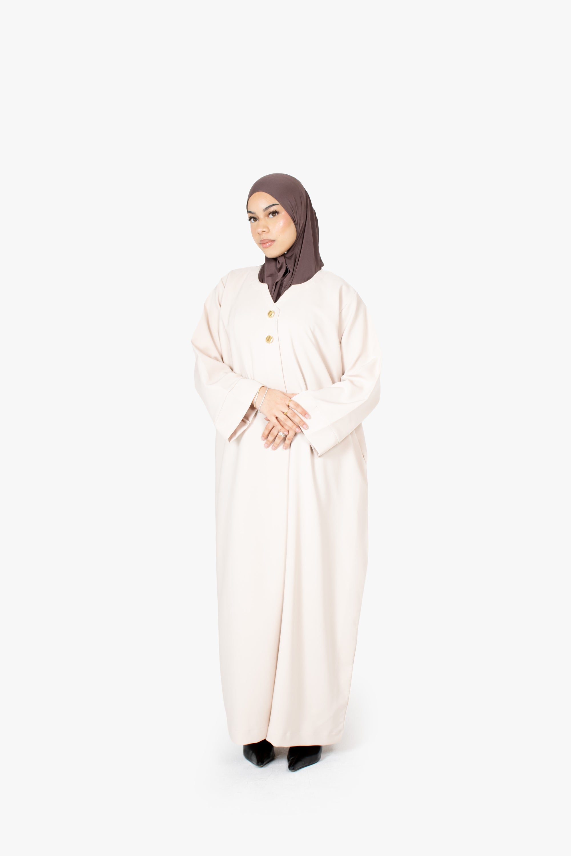 Cream V-Neck Pleat Abaya